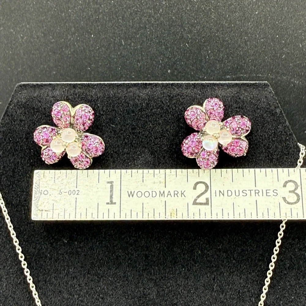 Moonstone Flower‎ Purple Sterling Silver Set Pendant Earrings Bracelet Garnet